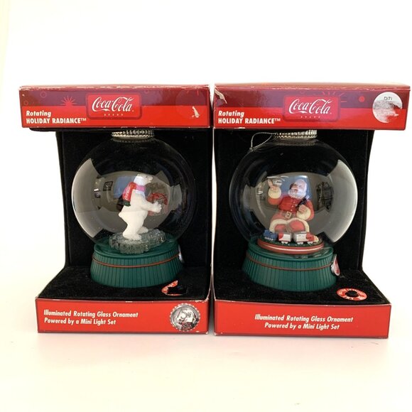 2 Coca-Cola Holiday Radiance Glass Ornaments Illuminated Rotating Santa Bear Vtg - Picture 1 of 16